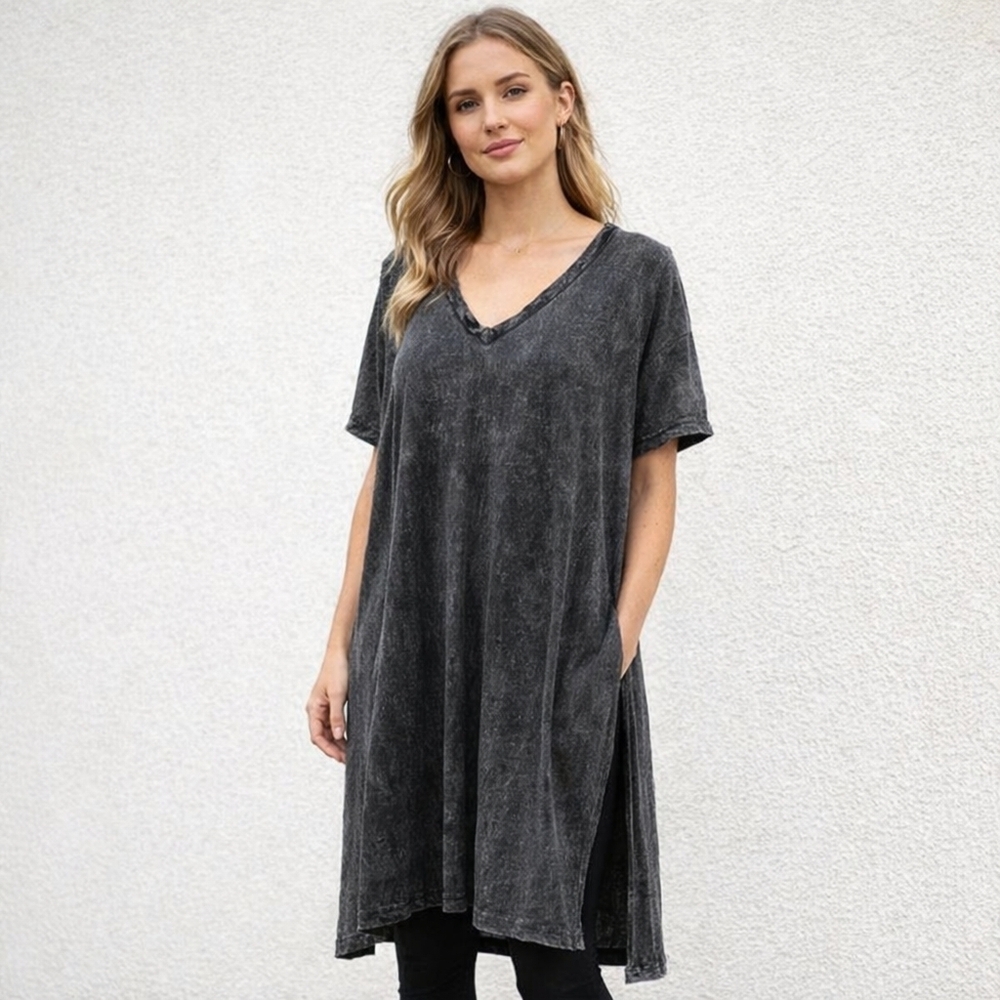 Black Washed Tunic Tee‎ Side Slits Oversized Boho Goddington Casual Lagenlook S